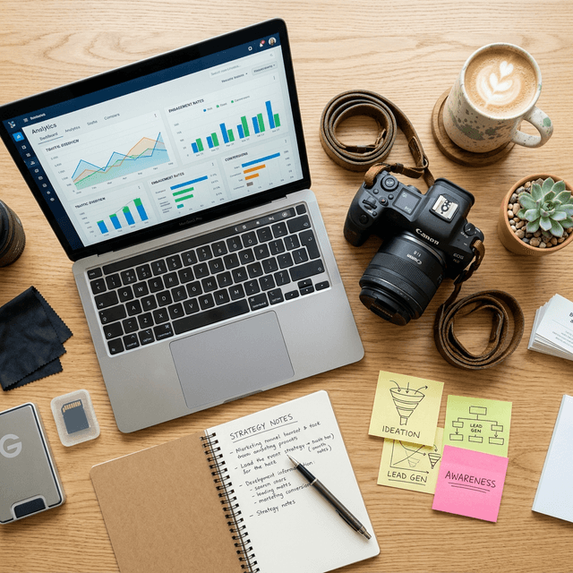 Overhead view of photographer workspace with analytics and marketing notes